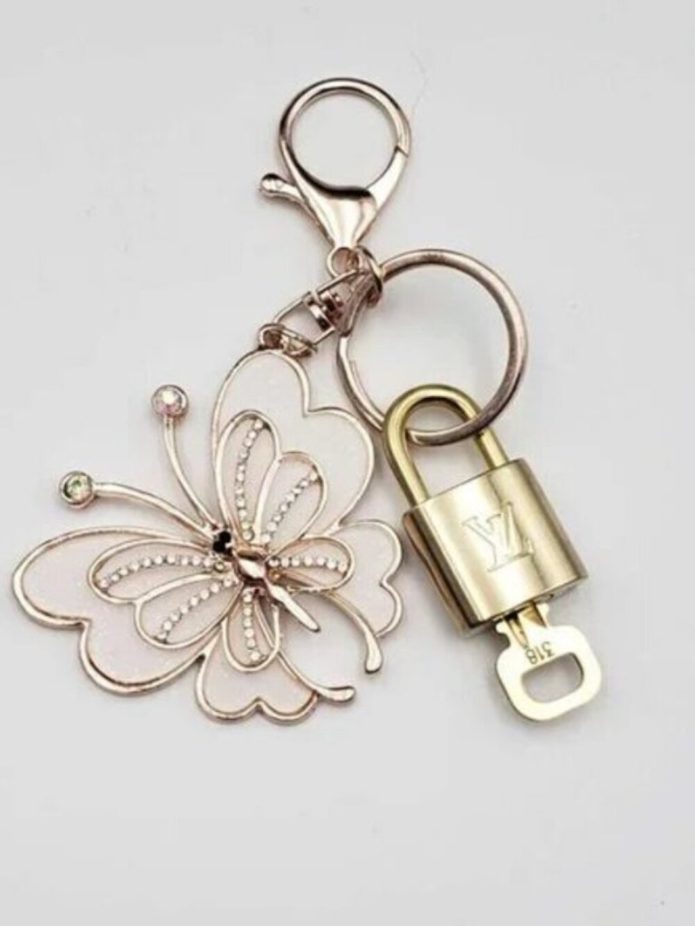 LV Authentic Gold Padlock 🔒 Key Set w/ Unbranded Butterfly Keychain Charm